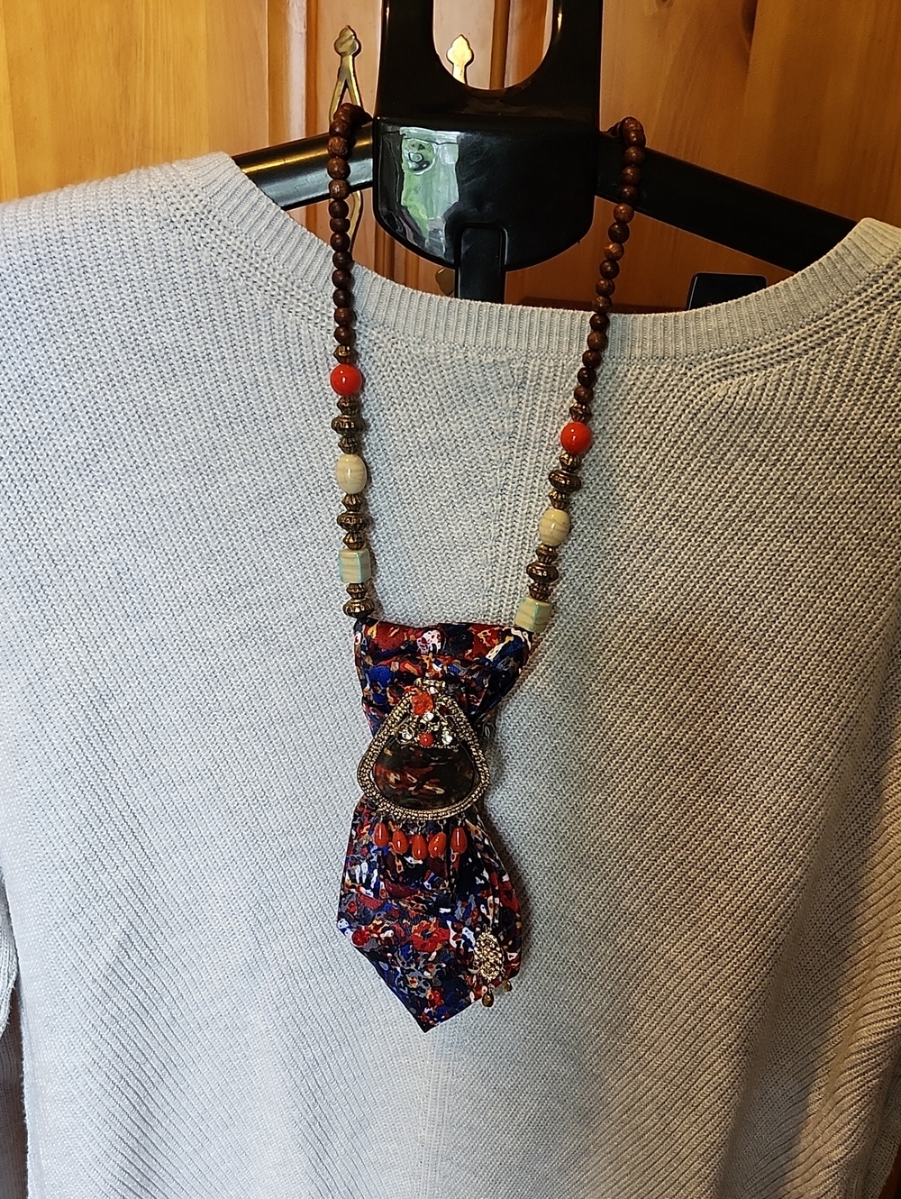 Beaded Multi-Color Tie Necklace -Red & Blue